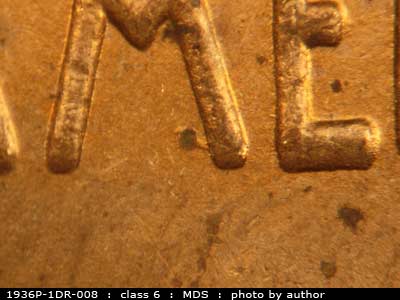 Die-stage B marker on 1936P•1DR•008 (1936 Doubled Die Reverse).
