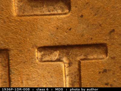 Die-stage B marker on 1936P•1DR•008 (1936 Doubled Die Reverse).