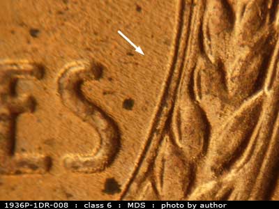 Die-stage B marker on 1936P•1DR•008 (1936 Doubled Die Reverse).