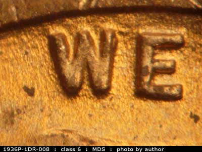 Die-stage B marker on 1936P•1DR•008 (1936 Doubled Die Reverse).