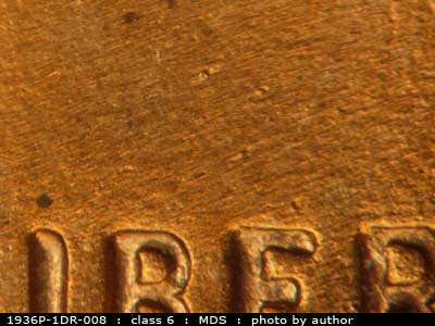 Die-stage B marker on 1936P•1DR•008 (1936 Doubled Die Reverse).