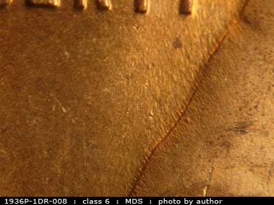 Die-stage B marker on 1936P•1DR•008 (1936 Doubled Die Reverse).
