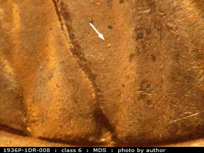 Die-stage B marker on 1936P•1DR•008 (1936 Doubled Die Reverse).