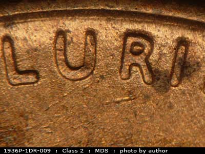 Die-stage B marker on 1936P•1DR•009 (1936 Doubled Die Reverse).