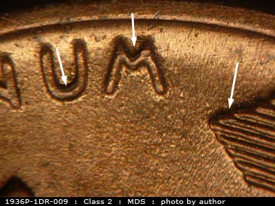 Die-stage B marker on 1936P•1DR•009 (1936 Doubled Die Reverse).