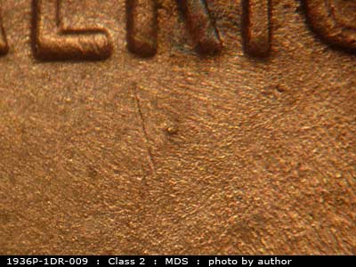 Die-stage B marker on 1936P•1DR•009 (1936 Doubled Die Reverse).
