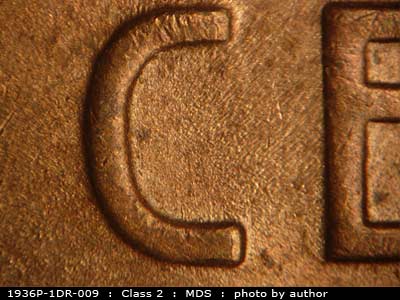 Die-stage B marker on 1936P•1DR•009 (1936 Doubled Die Reverse).