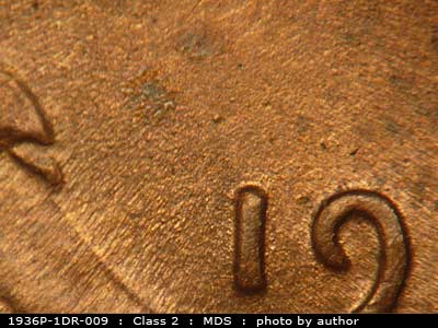 Die-stage B marker on 1936P•1DR•009 (1936 Doubled Die Reverse).