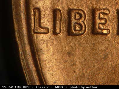 Die-stage B marker on 1936P•1DR•009 (1936 Doubled Die Reverse).