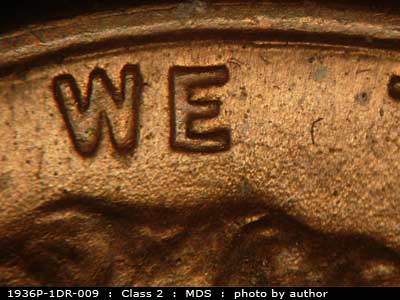 Die-stage B marker on 1936P•1DR•009 (1936 Doubled Die Reverse).