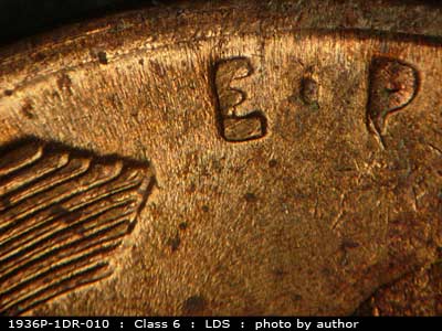 Die-stage C marker on 1936P•1DR•010 (1936 Doubled Die Reverse).