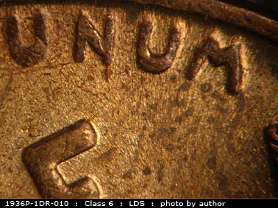 Die-stage C marker on 1936P•1DR•010 (1936 Doubled Die Reverse).