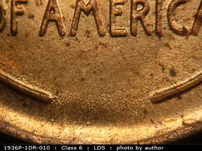 Die-stage C marker on 1936P•1DR•010 (1936 Doubled Die Reverse).