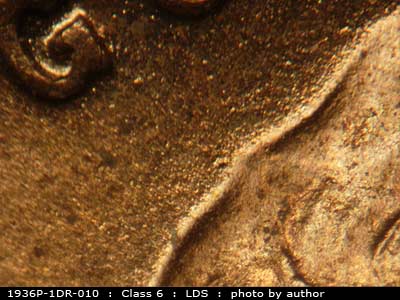 Die-stage C marker on 1936P•1DR•010 (1936 Doubled Die Reverse).
