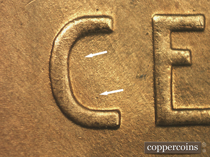 Die-stage B marker on 1936P•1DR•011 (1936 Doubled Die Reverse).