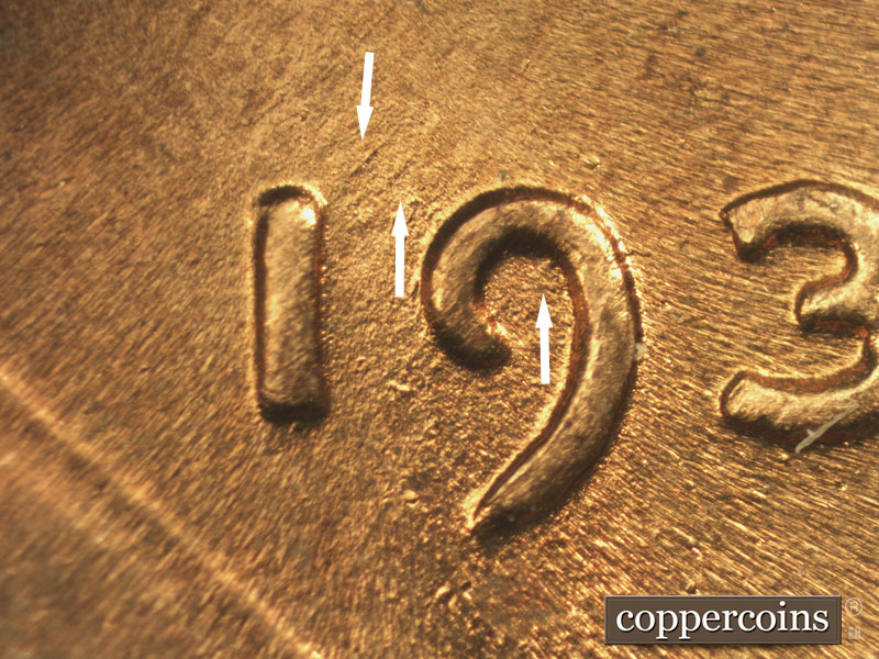 Die-stage B marker on 1936P•1DR•011 (1936 Doubled Die Reverse).