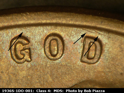 Die-stage B marker on 1936S•1DO•001 (1936 Doubled Die Obverse).