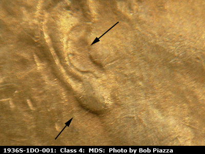 Die-stage B marker on 1936S•1DO•001 (1936 Doubled Die Obverse).