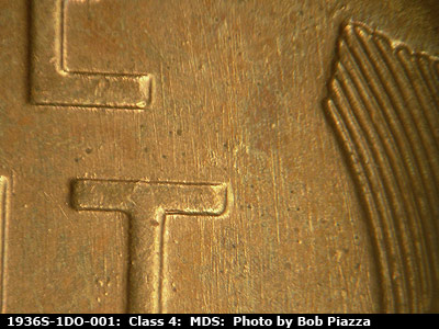Die-stage B marker on 1936S•1DO•001 (1936 Doubled Die Obverse).