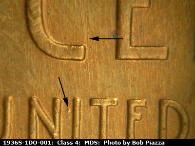 Die-stage B marker on 1936S•1DO•001 (1936 Doubled Die Obverse).