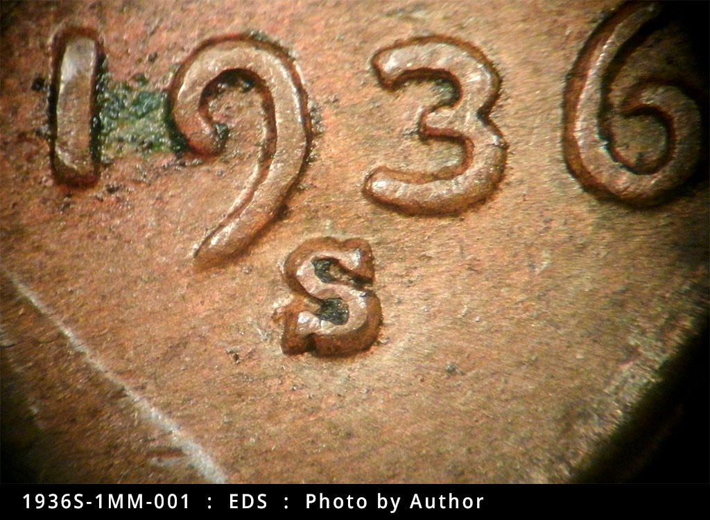 Die-stage A marker on 1936S•1MM•001 (1936 Repunched Mint Mark).
