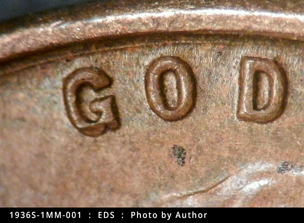 Die-stage A marker on 1936S•1MM•001 (1936 Repunched Mint Mark).