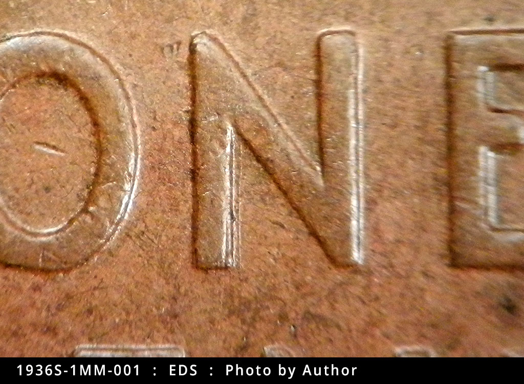 Die-stage A marker on 1936S•1MM•001 (1936 Repunched Mint Mark).