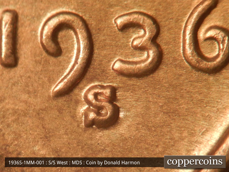 Die-stage B marker on 1936S•1MM•001 (1936 Repunched Mint Mark).