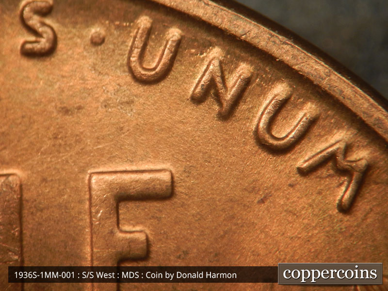 Die-stage B marker on 1936S•1MM•001 (1936 Repunched Mint Mark).