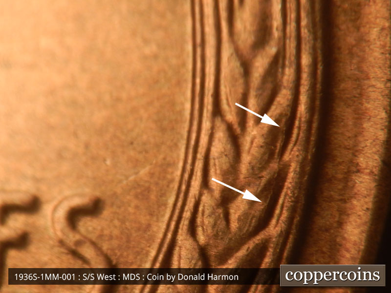 Die-stage B marker on 1936S•1MM•001 (1936 Repunched Mint Mark).