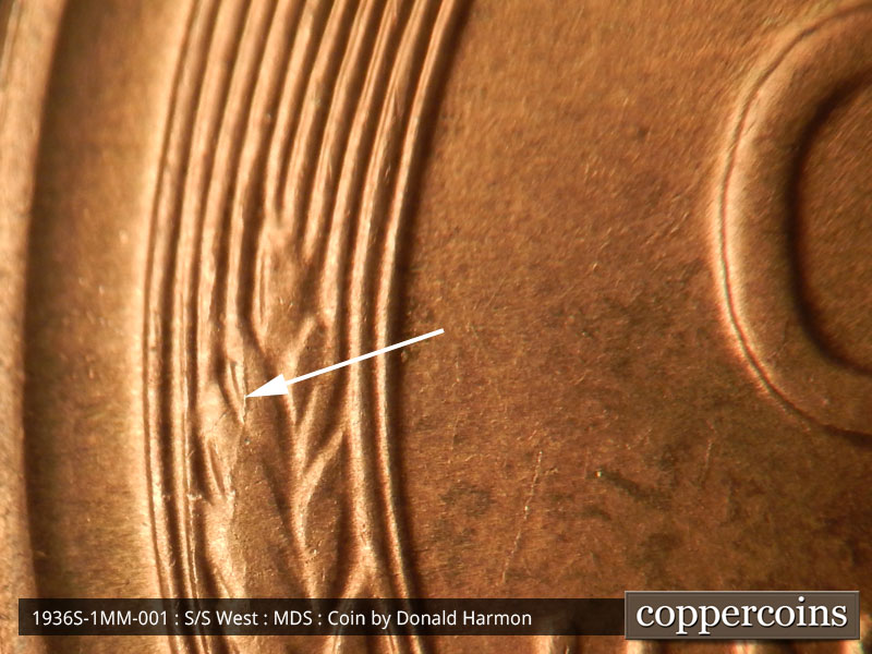 Die-stage B marker on 1936S•1MM•001 (1936 Repunched Mint Mark).