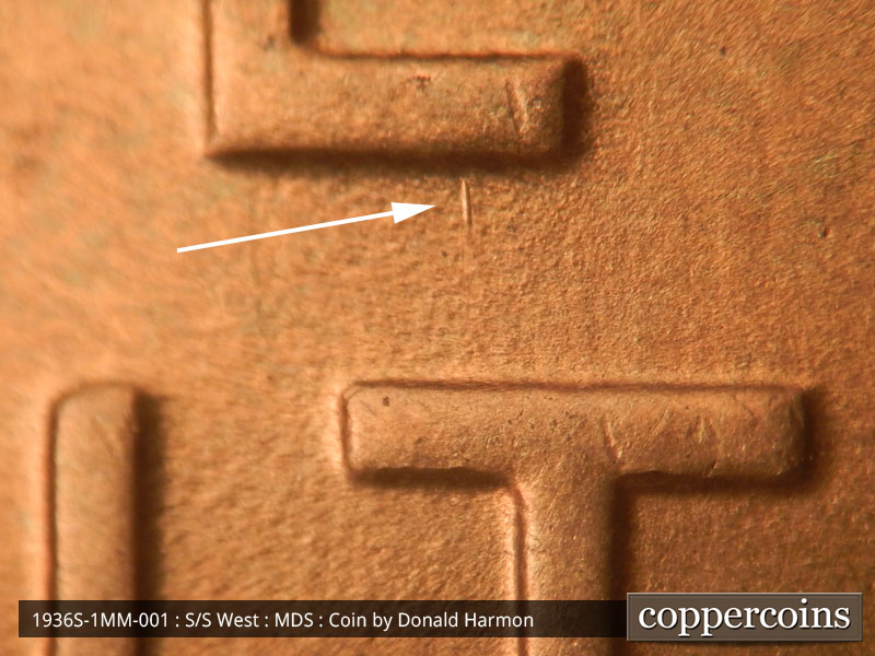 Die-stage B marker on 1936S•1MM•001 (1936 Repunched Mint Mark).