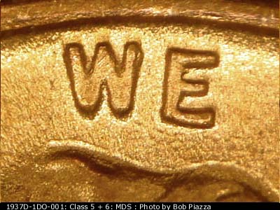 Die-stage B marker on 1937D•1DO•001 (1937 Doubled Die Obverse).