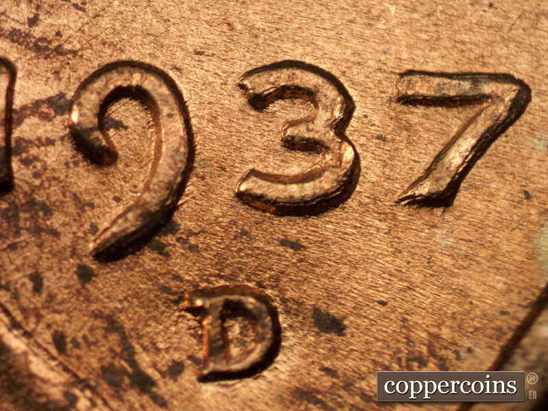 Die-stage A marker on 1937D•1DO•002 (1937 Doubled Die Obverse).