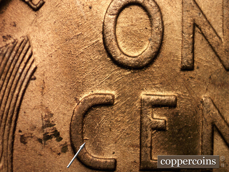 Die-stage A marker on 1937D•1DO•002 (1937 Doubled Die Obverse).