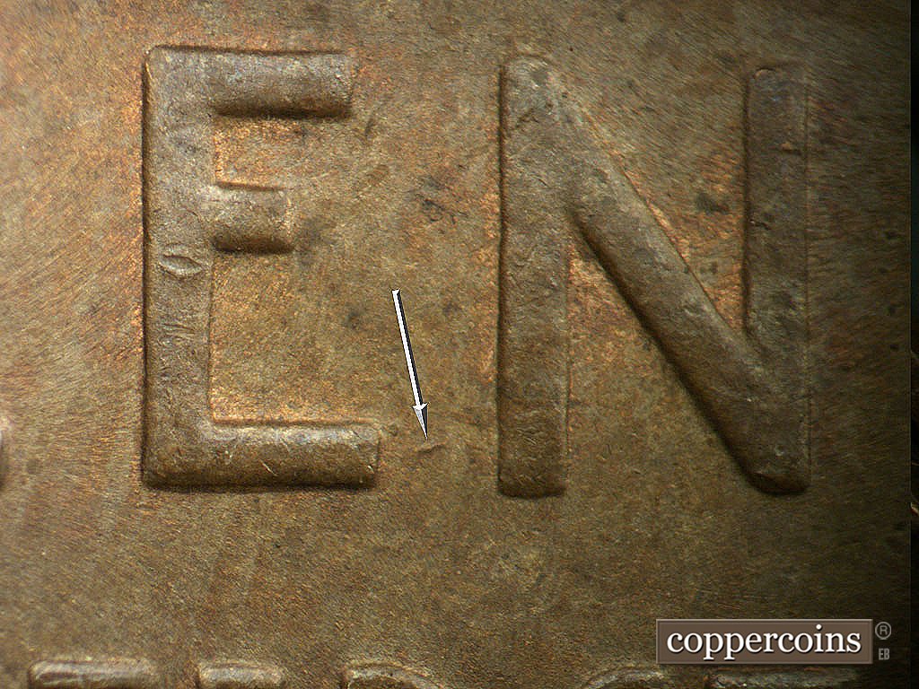 Die-stage B marker on 1937D•1DO•005 showing Small die gouge between EN in CENT.