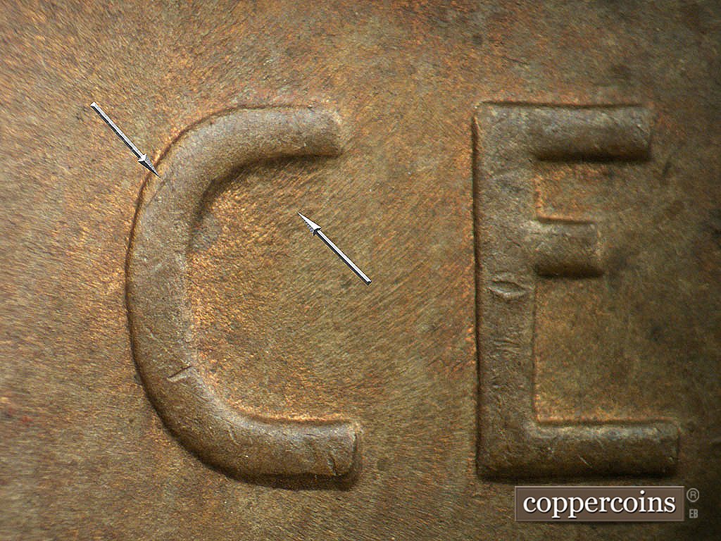 Die-stage B marker on 1937D•1DO•005 showing NE die scratch of flow mark in C of CENT, Small die crack on C in CENT.
