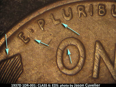 Die-stage A marker on 1937D•1DR•001 (1937 Doubled Die Reverse).