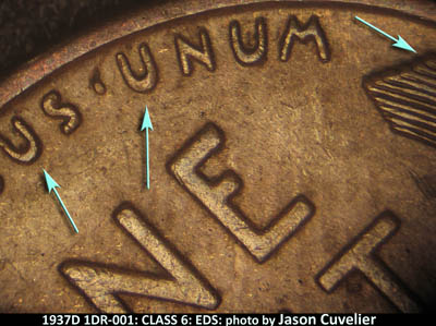 Die-stage A marker on 1937D•1DR•001 (1937 Doubled Die Reverse).