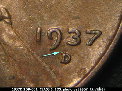 Die-stage A marker on 1937D•1DR•001 (1937 Doubled Die Reverse).