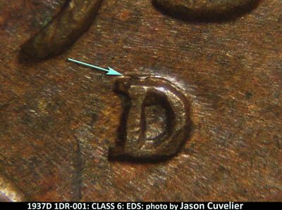 Die-stage A marker on 1937D•1DR•001 (1937 Doubled Die Reverse).