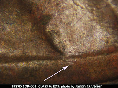 Die-stage A marker on 1937D•1DR•001 (1937 Doubled Die Reverse).