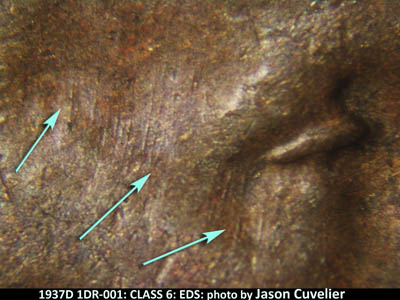 Die-stage A marker on 1937D•1DR•001 (1937 Doubled Die Reverse).