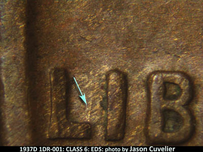 Die-stage A marker on 1937D•1DR•001 (1937 Doubled Die Reverse).
