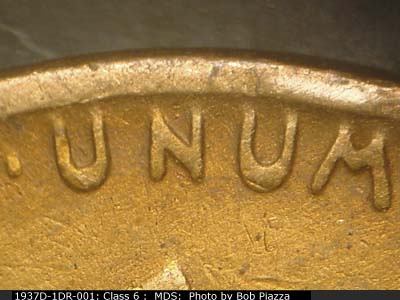 Die-stage B marker on 1937D•1DR•001 (1937 Doubled Die Reverse).