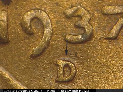 Die-stage B marker on 1937D•1DR•001 (1937 Doubled Die Reverse).