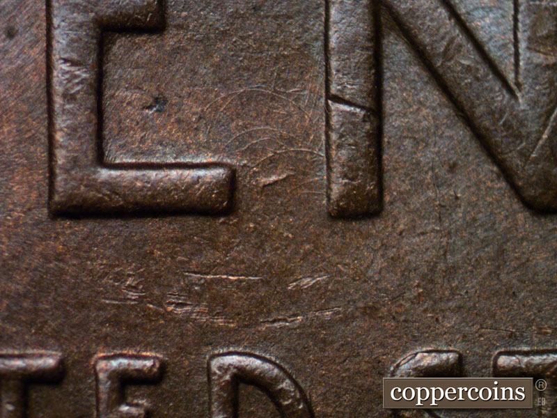 Die-stage B marker on 1937D•1DR•002 (1937 Doubled Die Reverse).