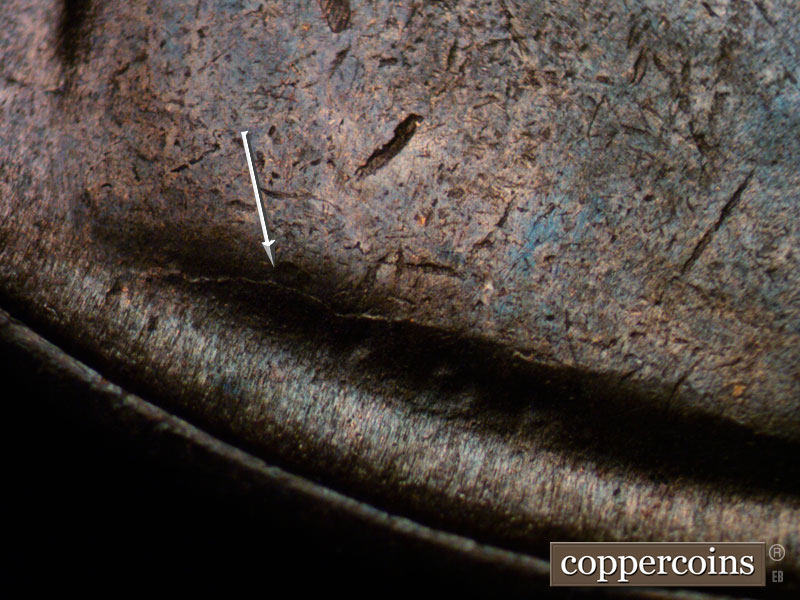 Die-stage B marker on 1937D•1DR•002 (1937 Doubled Die Reverse).