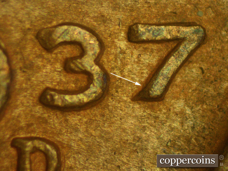 Die-stage A marker on 1937D•1MM•002 (1937 Repunched Mint Mark).