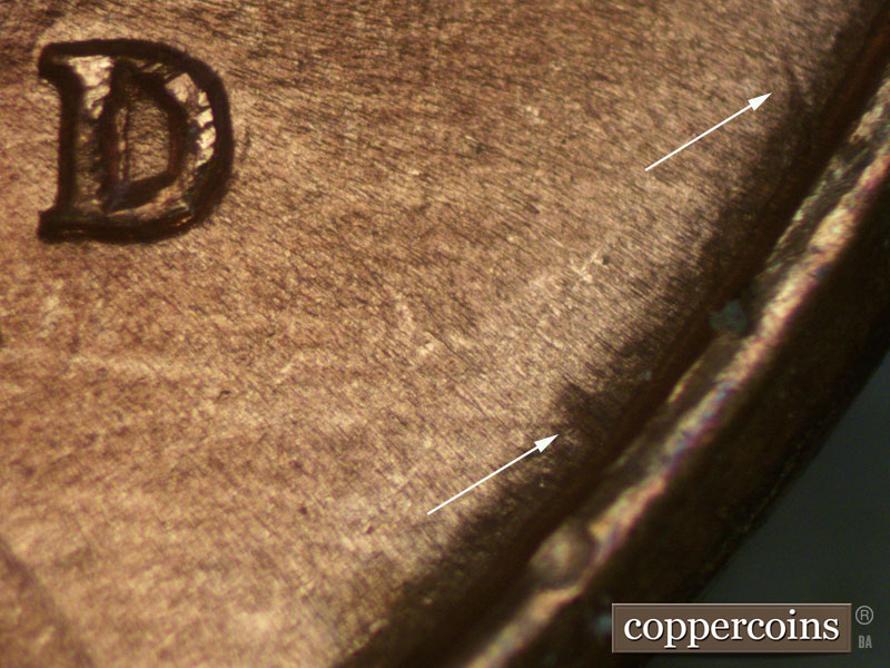 Die-stage B marker on 1937D•1MM•002 (1937 Repunched Mint Mark).